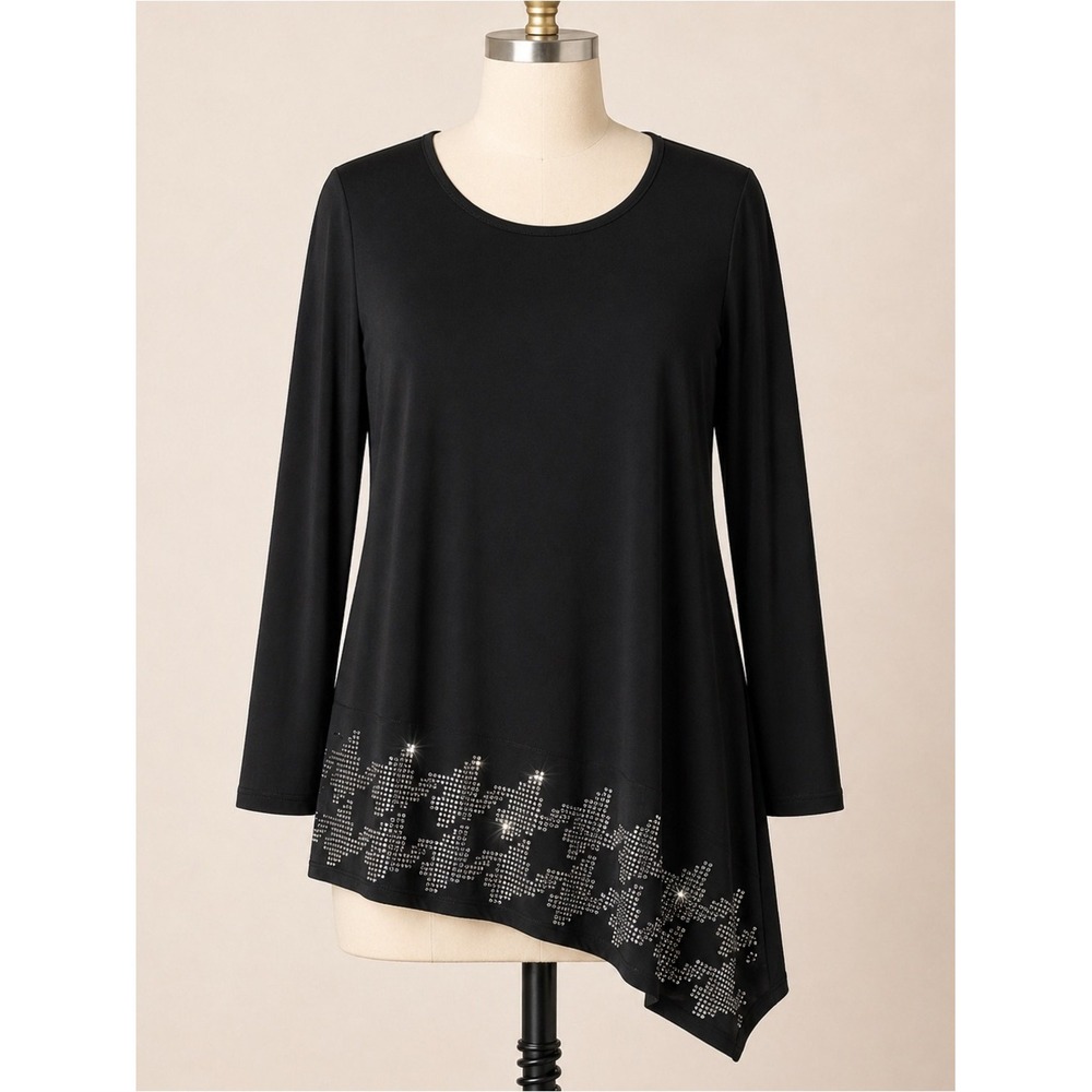 SUSAN GRAVER Liquid Knit Tunic XL Rhinestone Houndstooth Asym Top Cocktail Party